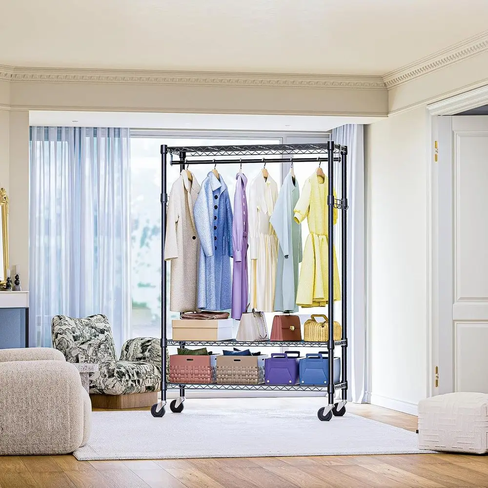 Extra Large Mobile Garment Rack with 3 Shelves, 2 Rods & Side Hooks, 47.2x17.7x83.6, Black