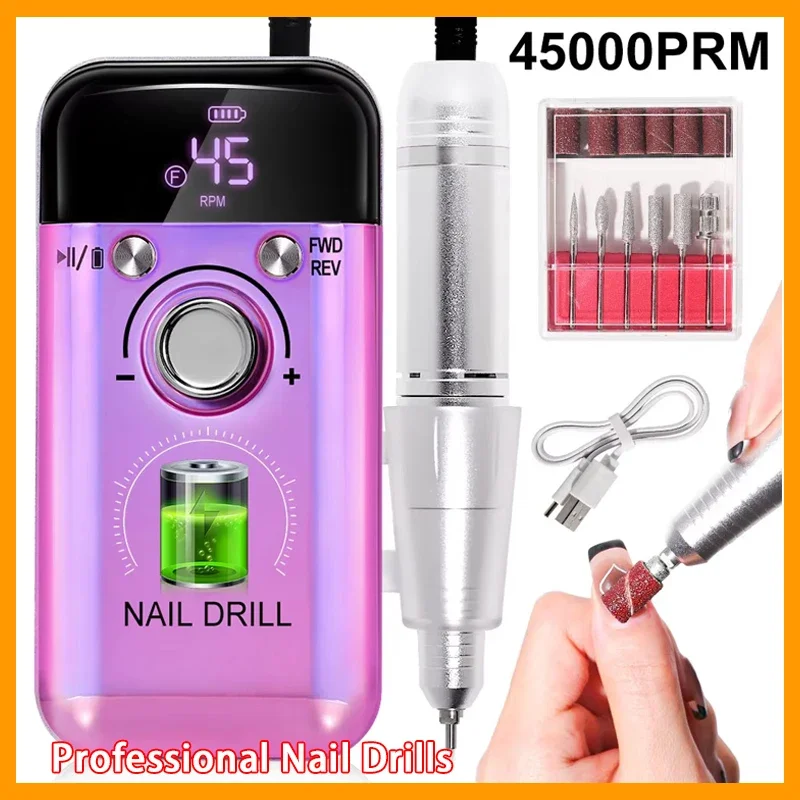 

45000 об/мин перезаряжаемая электрическая дрель для ногтей, профессиональные дрели для ногтей для гель-лака для ногтей, портативная пилочка для ногтей, маникюрный инструмент