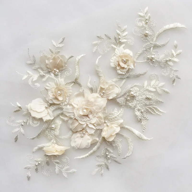 4 Pieces High End 3D Flower Beaded Lace Patches Ideal for Wedding Dresses and Stage Performances