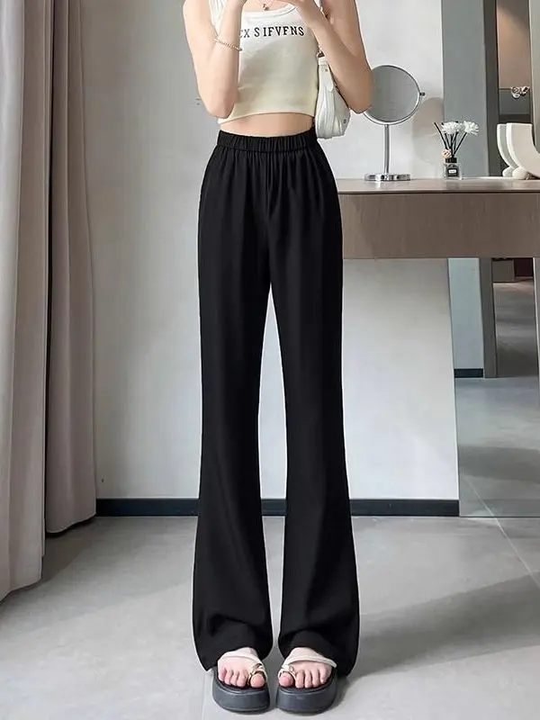 플러스 사이즈 아이스 실크 플레어 팬츠 여성 여름 얇은 하이웨이스트 루즈 슬리밍 드레이프 캐주얼 바지 한국 스타일 출퇴근 바람막이