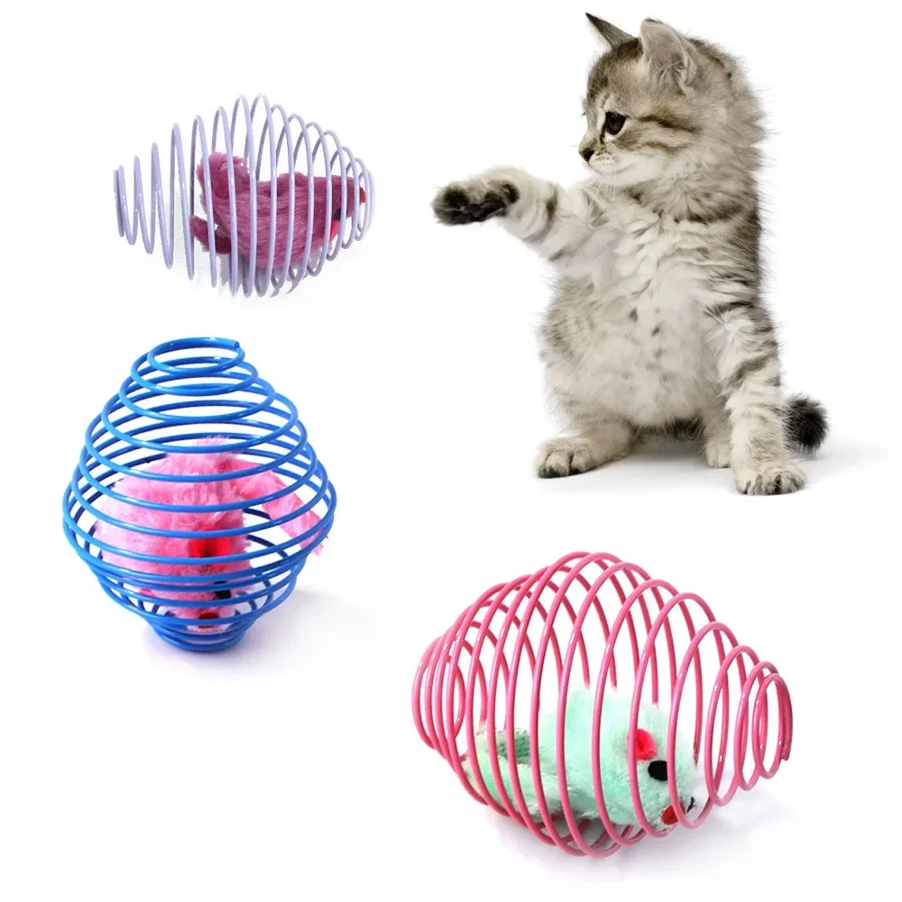 

Cat Toy Spring Cage Plush Mouse Solid Color Cute Mouse Design Little Cat Toy Pet Plush Toy