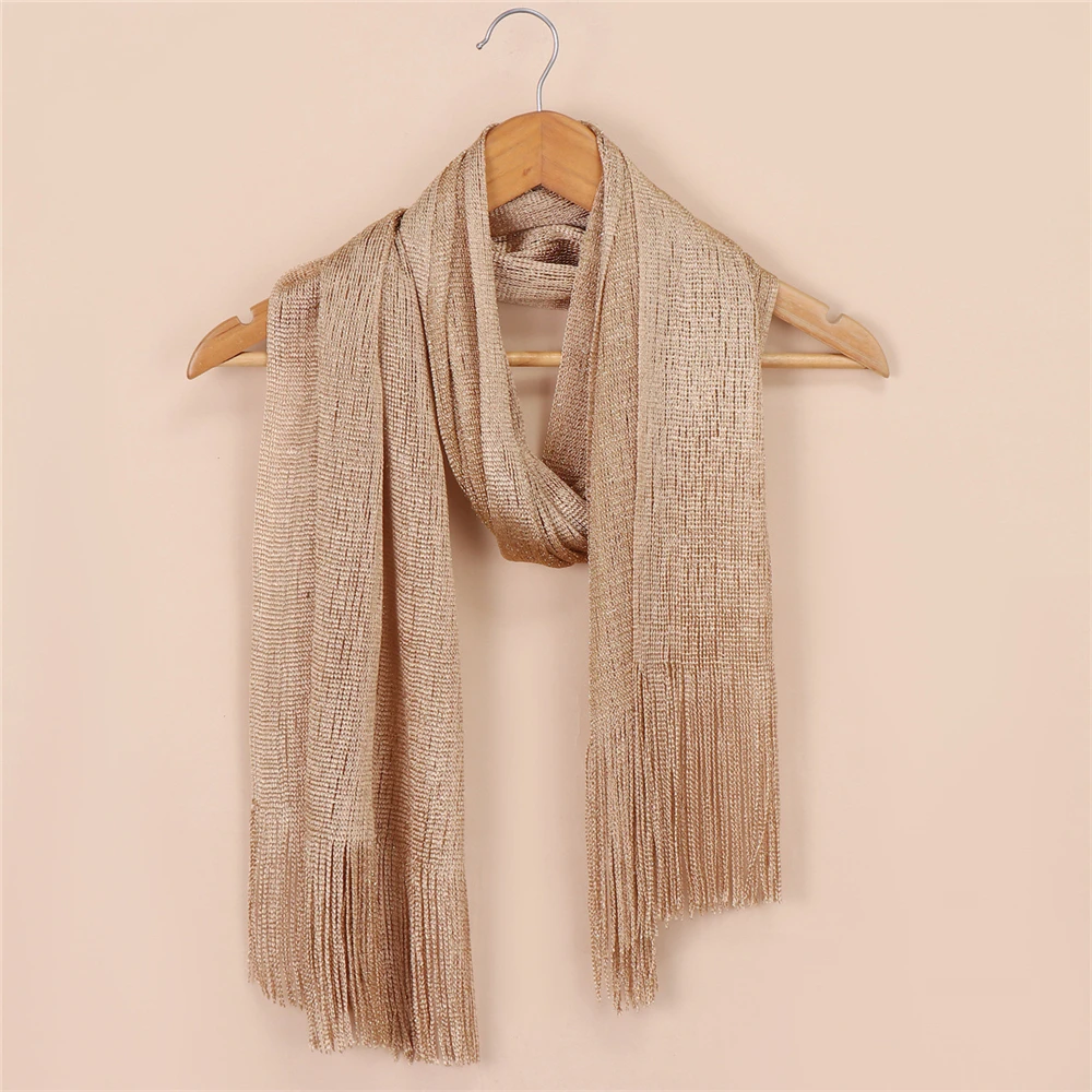 Sexy Gold Silver Thread Thin Long Shiny Sunscreen Shade Shawls Female Hollow Fringed Tassel Party Evening Dress Cloak Scarf Wrap