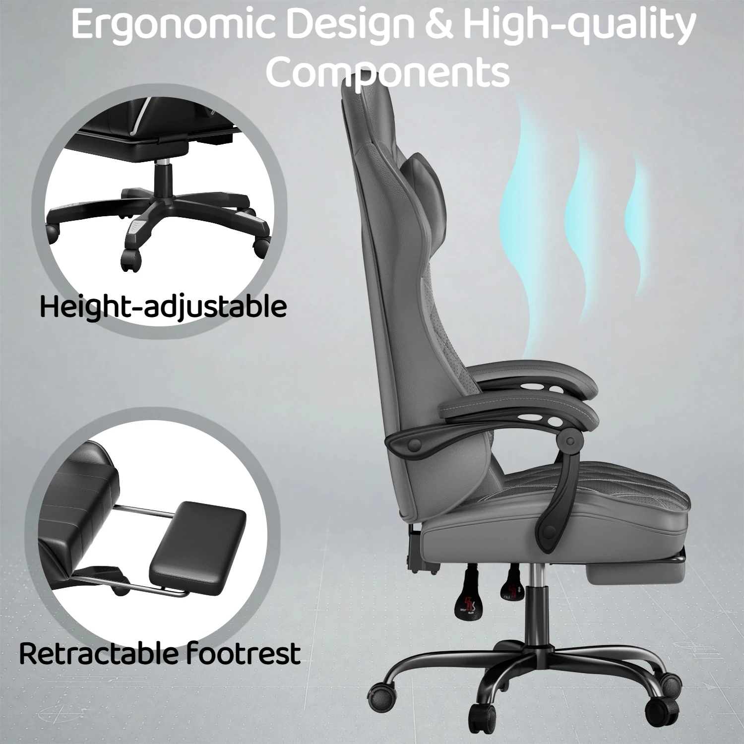 Silla para videojuegos, silla ergonómica para oficina y computadora con soporte lumbar, reposapiés y reposacabezas, altura ajustable y ángulo del respaldo, silla para videojuegos, cuero PU, 360 °   Silla Giratoria, Adulto, Negra
