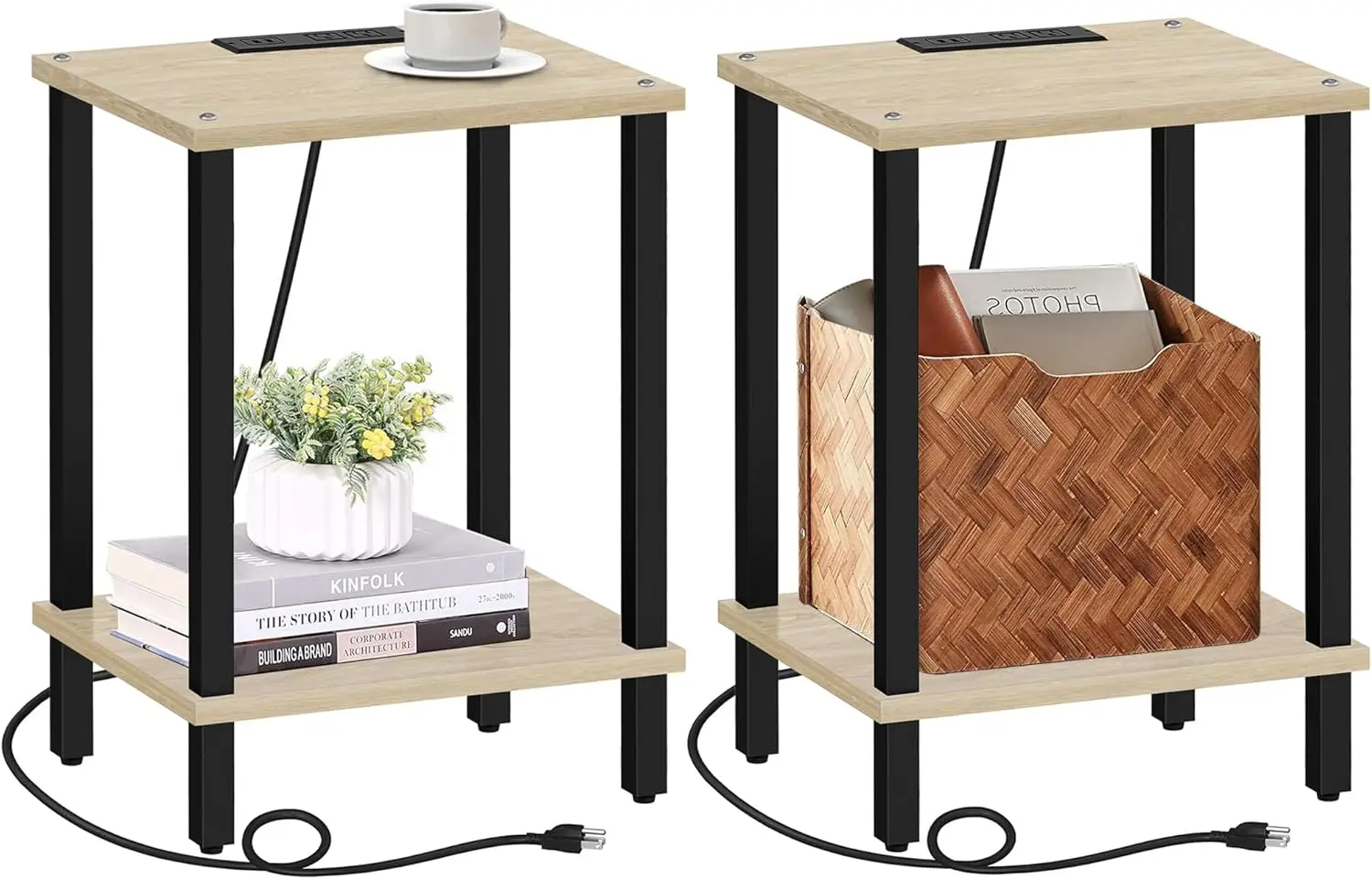 

End Table with Charging Station, Set of 2, Side Table with USB Ports and Outlets, Nightstand, 2-Tier Storage Shelf, Sofa Table