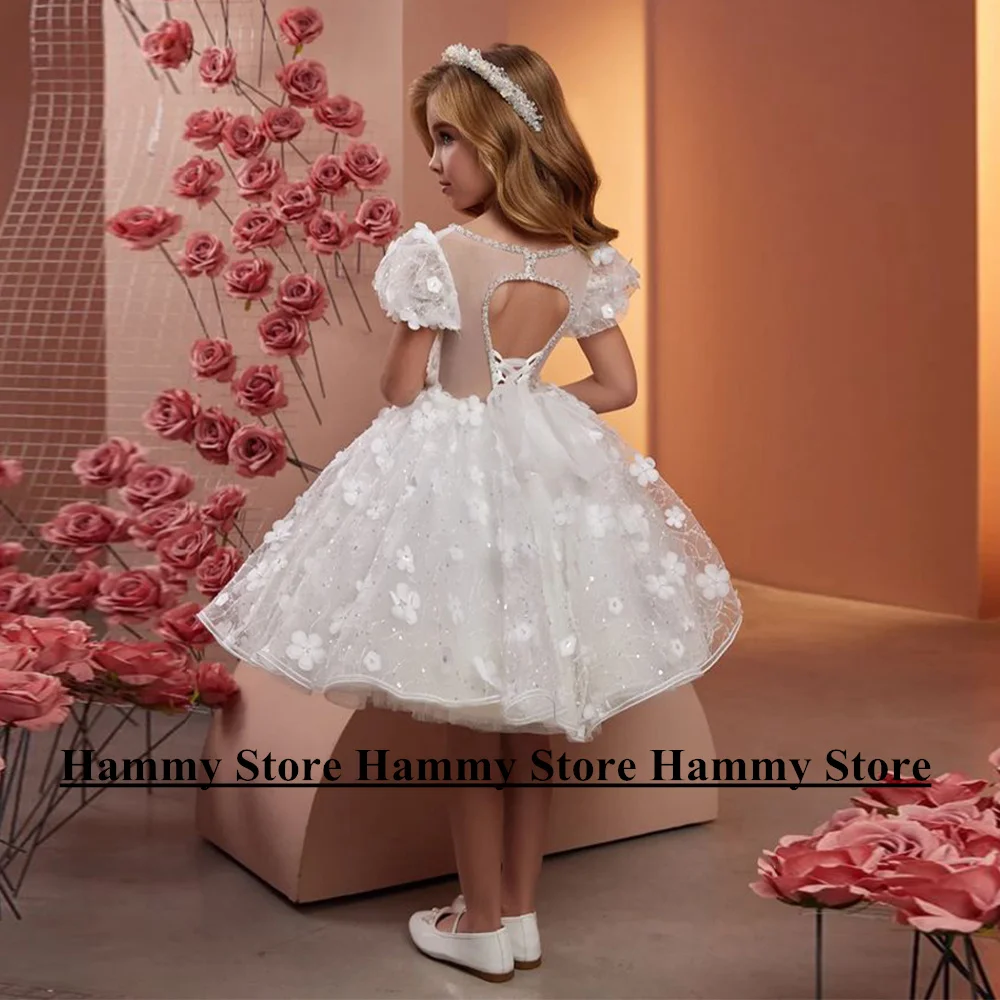 Yipeisha abiti da festa di nozze per bambini con fiori 3D paillettes maniche corte Scoop perline Flower Girl Dress abito da prima comunione