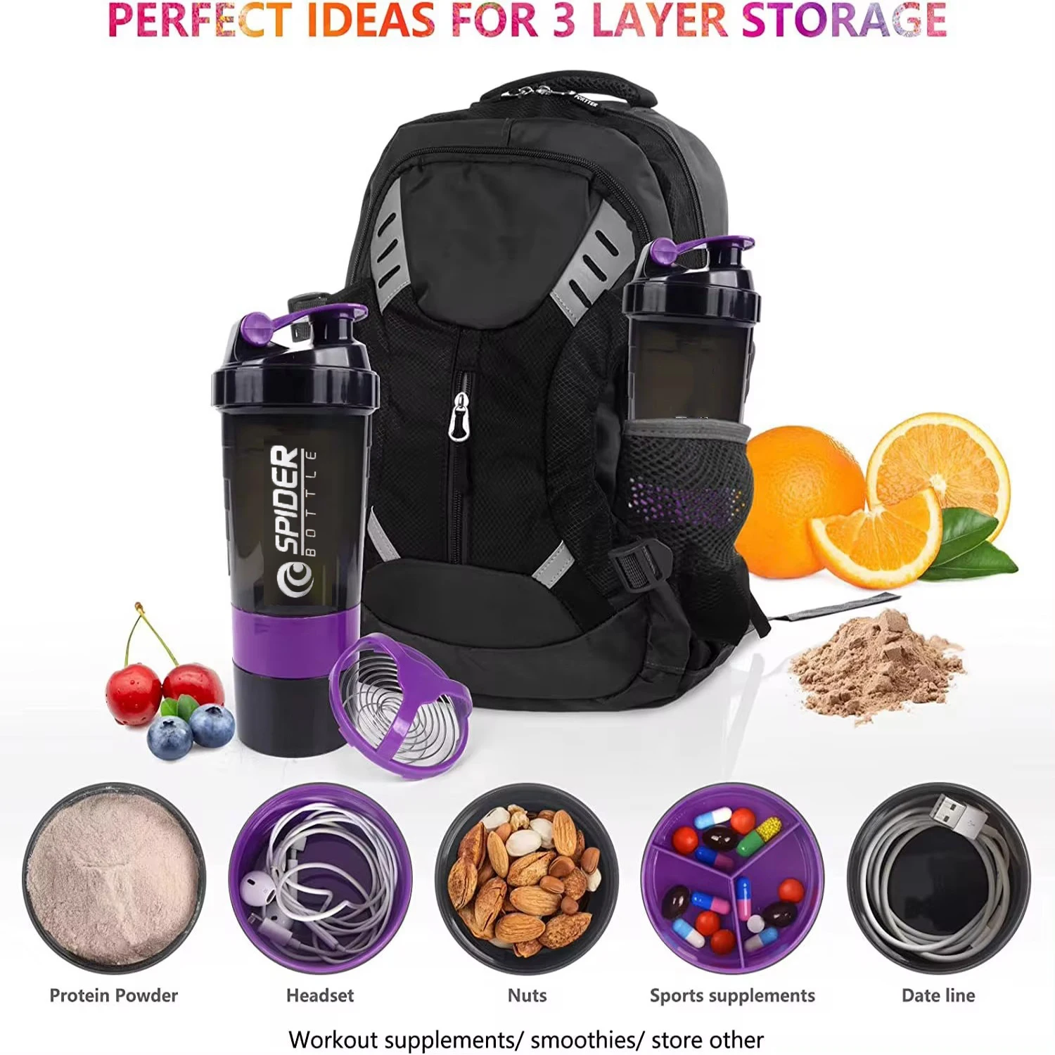 Taza agitadora de proteínas portátil de 550ml con contenedor de almacenamiento de polvo, taza mezcladora, botella de agua deportiva para gimnasio con batidor de alambre, artículos para beber