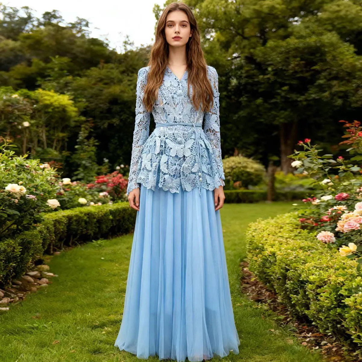 

Elegant Long Sleeve Wrap Waist Dress Women's Fashion Autumn New Arrival Elegant Atmosphere Maxi Dress Female Clothing