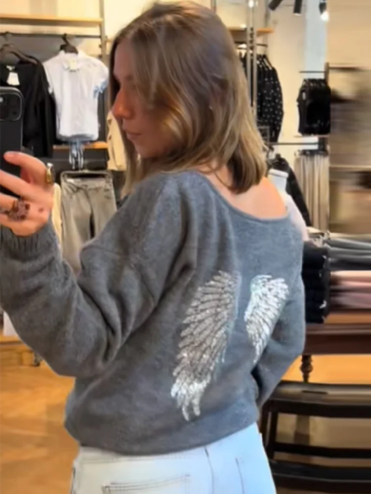 

Women Casual Off Shoulder Long Sleeved Tops Chic Fashion Wing Print Soft Pullover 2026 New Lady Sweater Y2k High Street Clothing