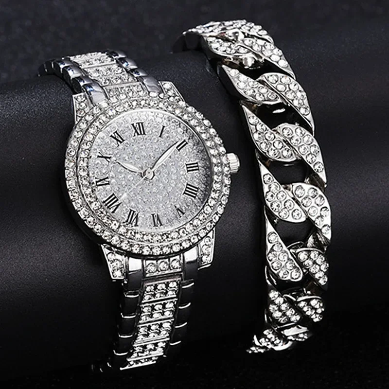 Montre-bracelet en diamant pour femme, montre à quartz pour femme, bracelet hip hop, or rose, cristal brillant, luxe, 1 pièce, 2 pièces