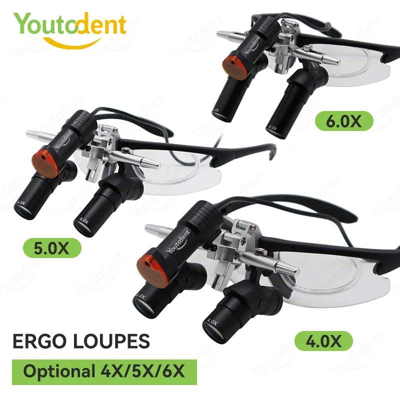 Youtodent Dental Ergo Loupes 4X 5X 6X Oral Surgery Loupe 48° Eye-level View Binocular Magnifier Glasses With Clip-on 5W Headlamp
