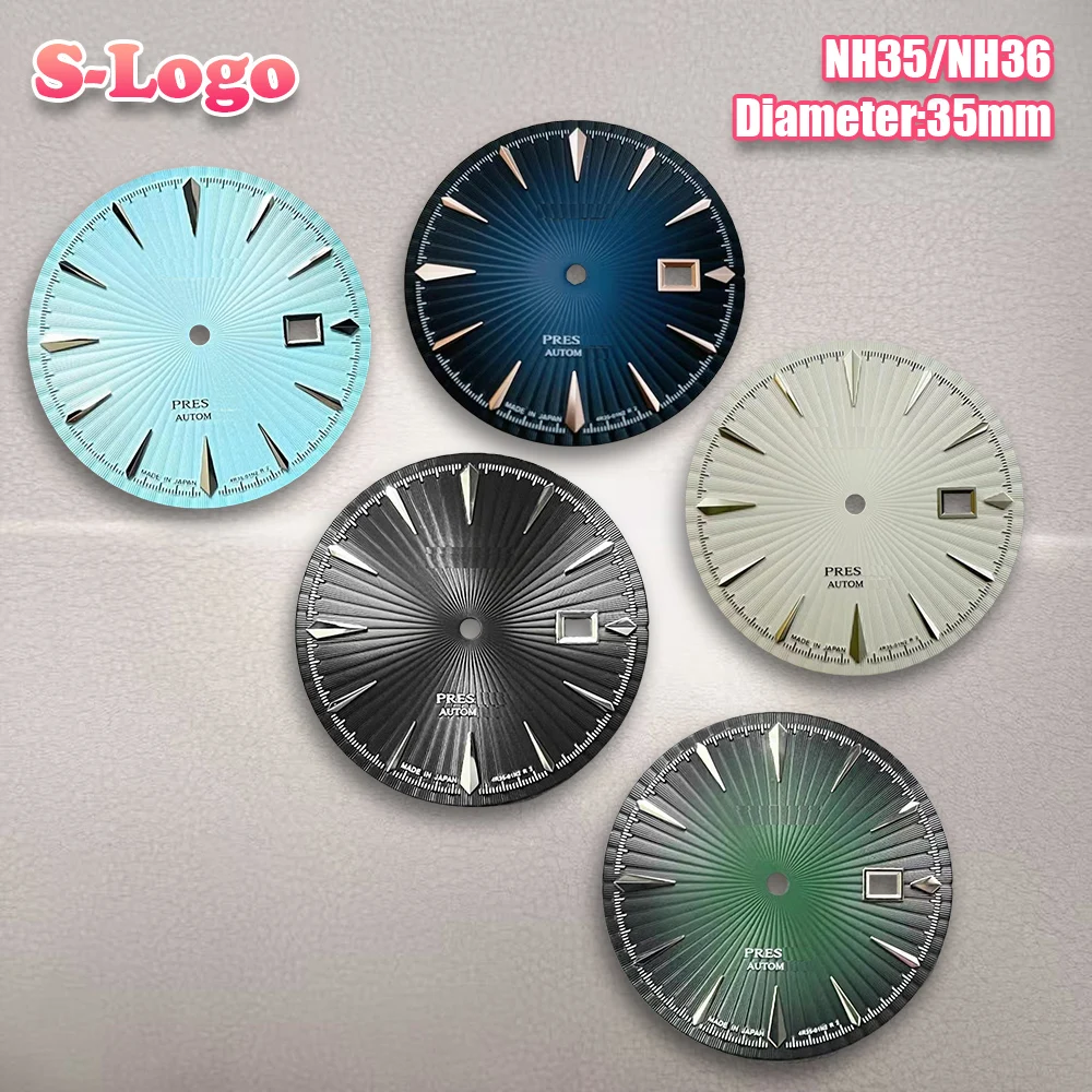 35mm S Logo NH35 Cocktail Grün Blau Farbe Zifferblatt Fit NH35 Uhrwerk Kein Leuchtend Hochwertige Uhr Modifikation Zubehör Reparatur