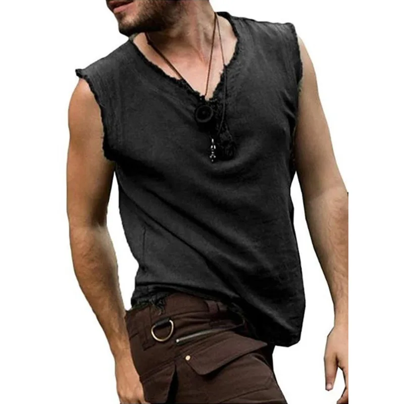 Cotton Linen Shirts Men's Casual Sleeveless Vest Lace Up Shirts Retro V Neck Tank Tops Loose Shirt Male Solid Color Clothes