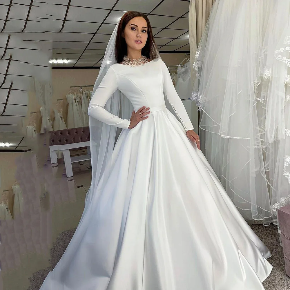 

Msikoods Satin Modest Muslim Wedding Dresses Women Bride Dresses Long Sleeve Arabic Elegant Wedding Party Dresses Custom Made