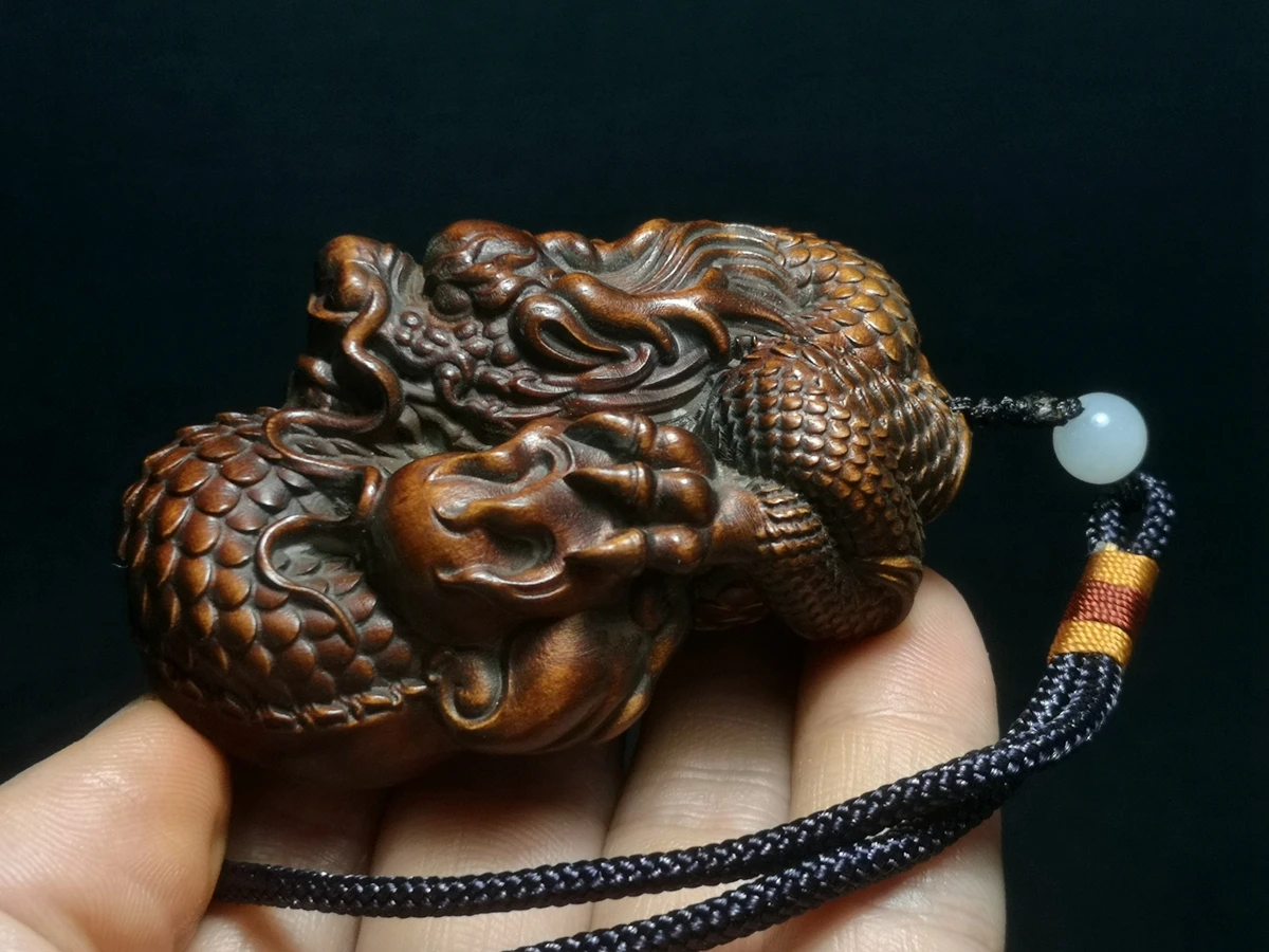 Length 7 CM Old Chinese boxwood Hand carved Force Dragon Figure Loong statue Decoration Netsuke Gift Collection