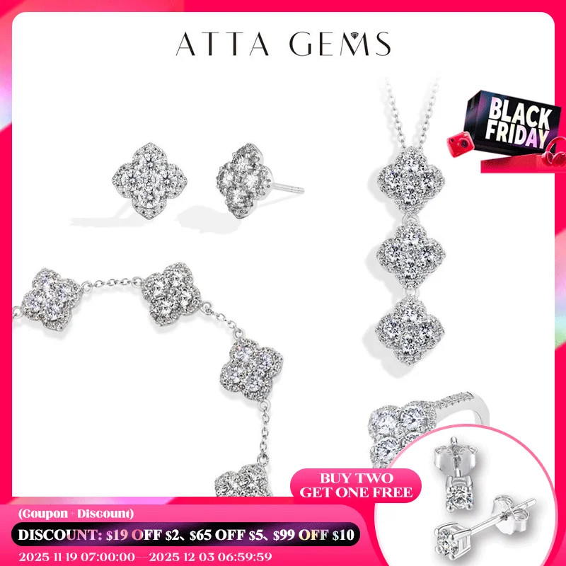 

ATTAGEMS Moissanite Jewelry Set D VVS1 S925 Sterling Silver for Women Classic Ring Earring Bracelet Necklace Party Wedding Gifts