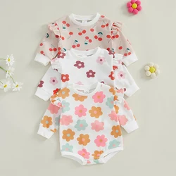 Lovely Autumn Newborn Infant Girls Rompers Clothes 0-18M Waffle Flower Print Ruffles Long Sleeve Loose Sweatshirts Jumpsuits