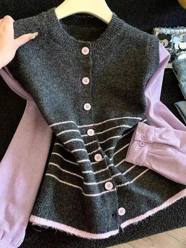 Women's Loose Striped Knitwear Sweater Autumn Winter New Style Color Block Casual Fashion Soft Polyester Long Sleeve Top Coat