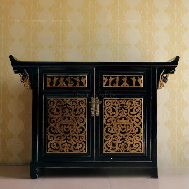 

31Neoclassical Chinese hand-painted gold foil upturned head shoe cabinet, solid wood entrance foyer storage side cabinet