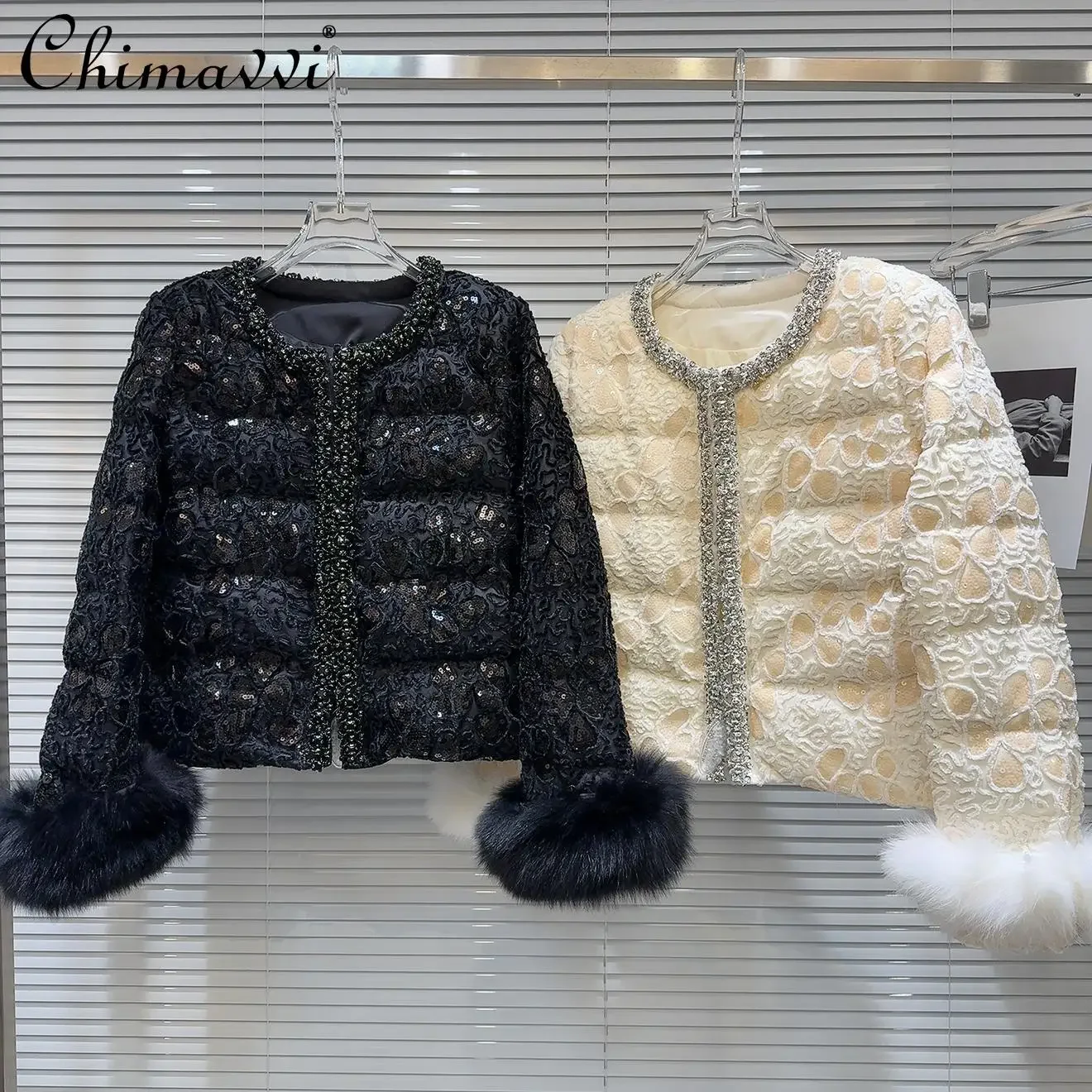 French Elegant Socialite Embroidery Diamond Sequins Round Neck Fox Fur Long Sleeve White Duck Down Jackets Coats Women Winter