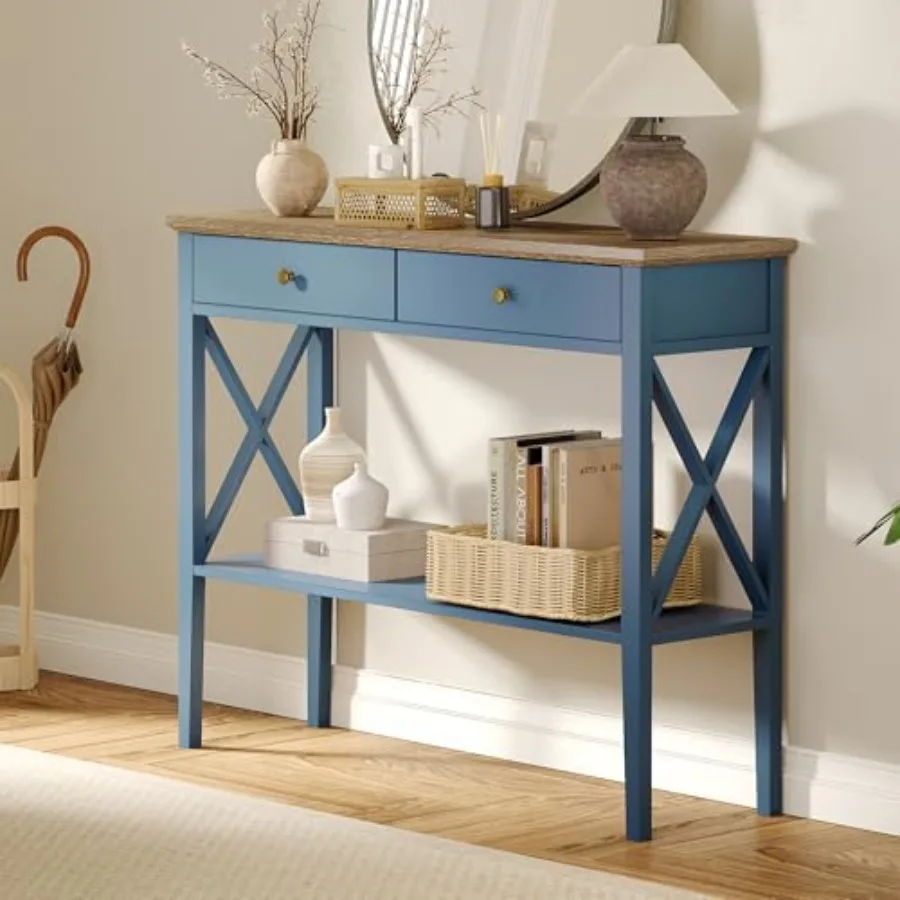 

Console Table with Drawers for Entryway, Front Hall, Hallway, Living Room Narrow Wood Accent Sofa Table with Storage Shelf, Blu