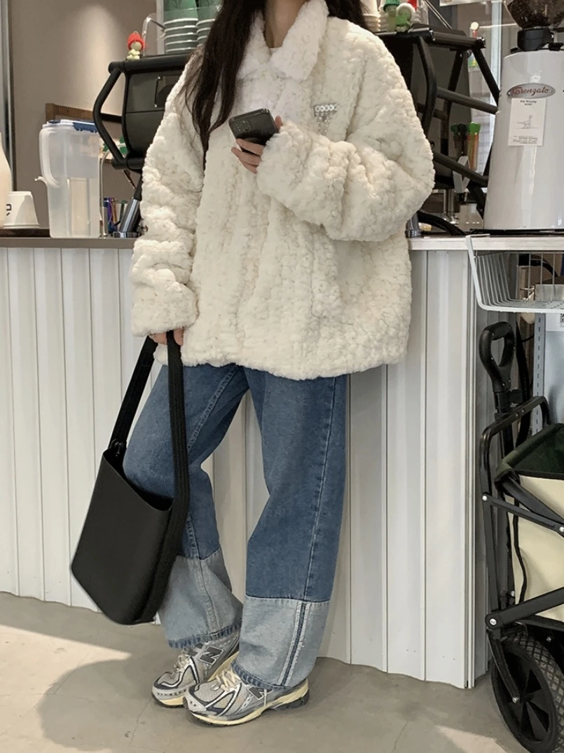 Lamb Fur Jaet Women's Loose Thiened Winter Outerwear Warmth Synthetic Fur Long Sve  Collar k Color Casual Sle