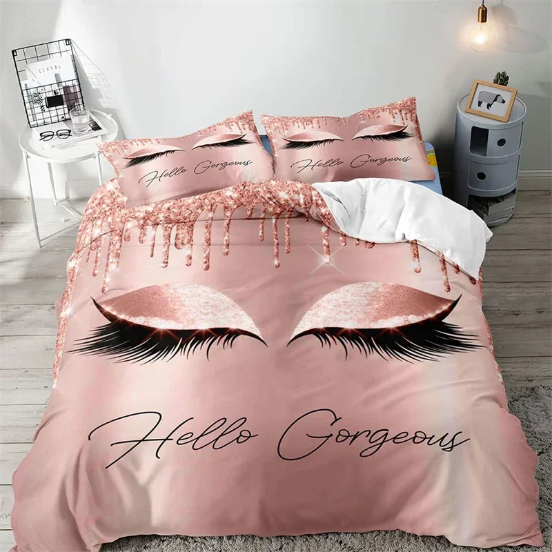 2/3PCS Hello Gorgeous King Duvet Cover Luxury Rose Gold Glitter Bling Eyelash Makeup Glam Girly Fashion Bedding Set Pillowcases