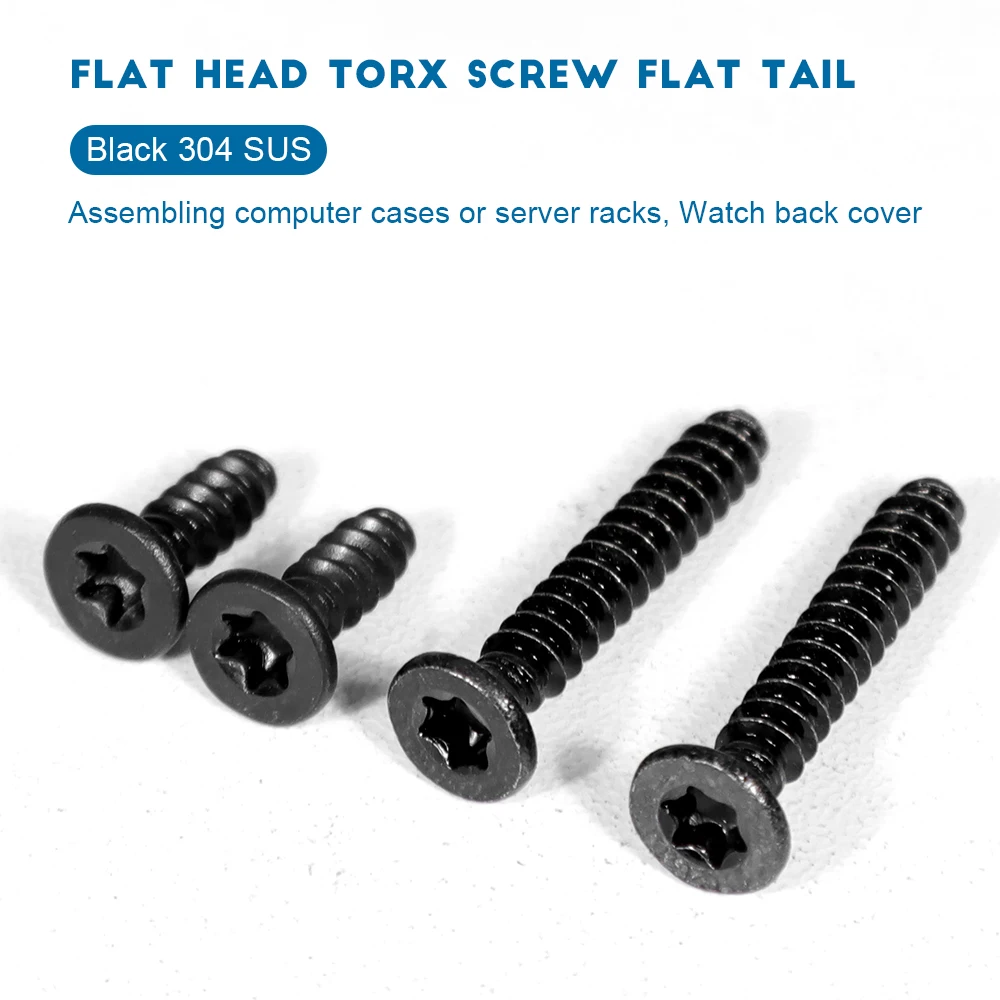 Flat Head Torx Tapping Screw Flat Tail Black Coated 304 Stainless Steel M2 M2.3 M2.6 M3 M4 CSK Head Star Screw for Plastic Sheet