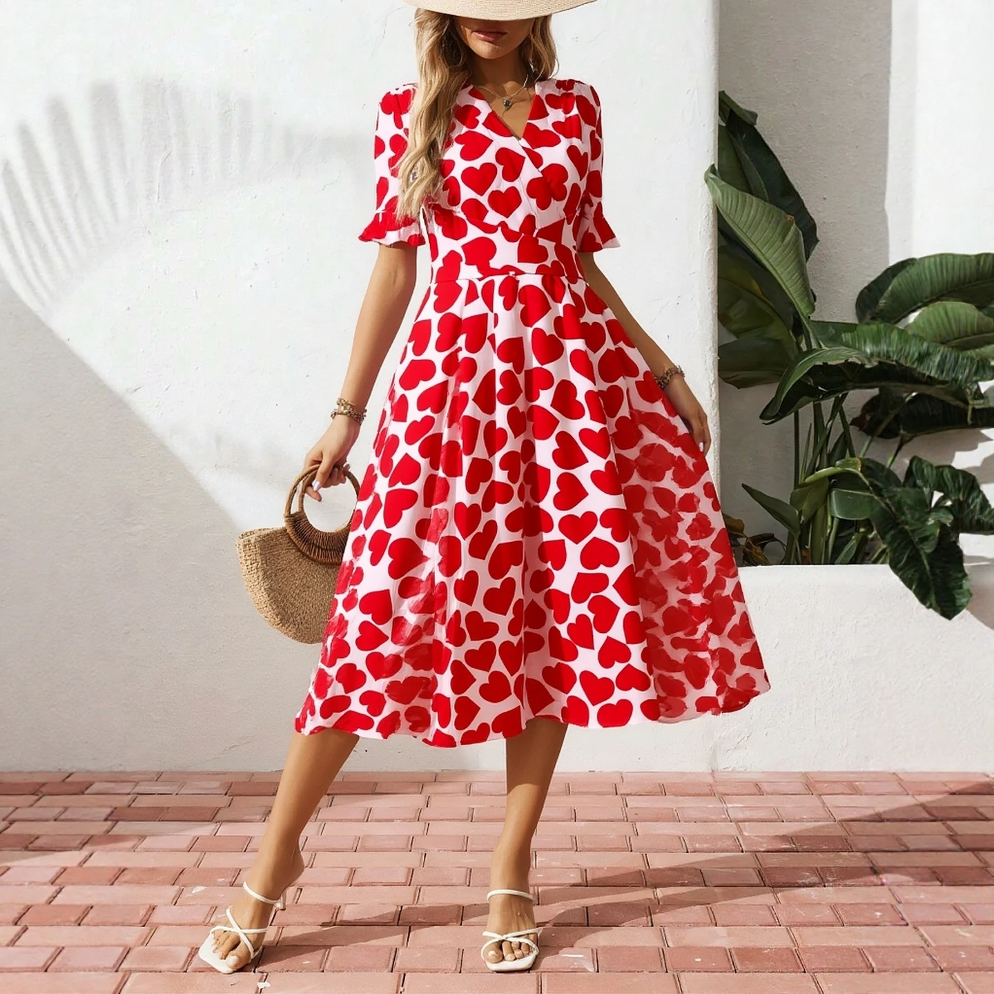 YuooMuoo Chic Romantische Herz Druck Frauen Kleid 2026 Neue Sommer Elegante Schlanke Taille Große Schaukel Langes Kleid Koreanische Dame Party vestido