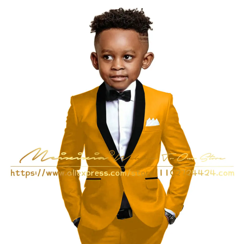 Gold Suit Boys Wedding Formal Jacket Pants 2 Piece Set Shawl Lapel Single Breasted Blazer Kids Formal Party Dress