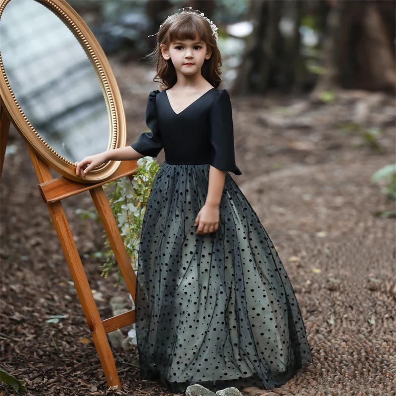 Elegant Long Kids Wedding Clothing Child Princess Party Dress Girls For 6 Years Old Pretty Wave Point Gown For Birthday