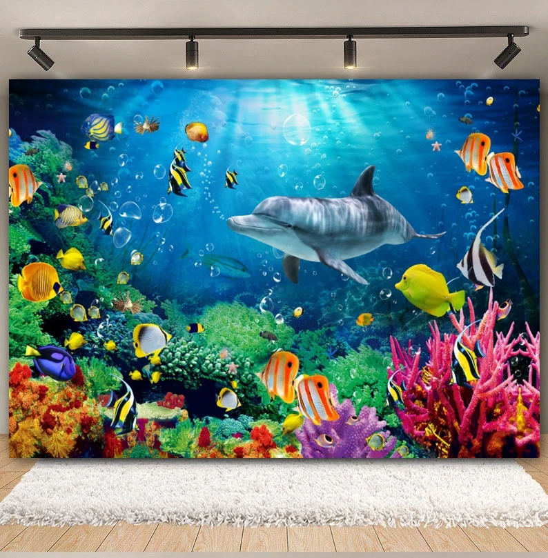 Underwater World Seabed Backdrop Ocean Undersea Fish Shark Coral Aquarium Tank Baby Portrait Photography Background Photo Studio