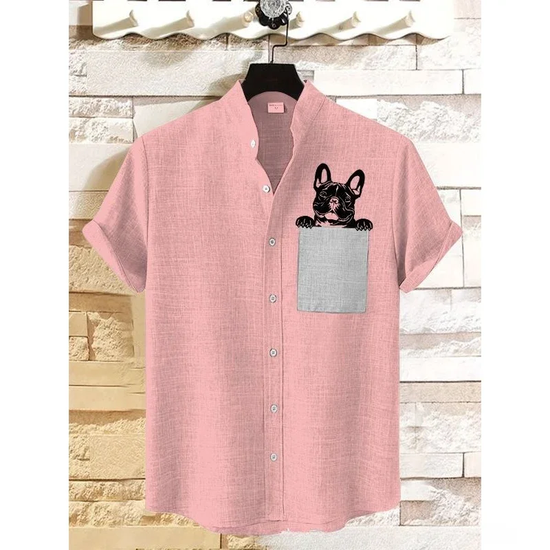 Peekaboo baju campuran Linen motif Bulldog Perancis, baju atasan kasual murni Harajuku Hip Hop musim panas Hawaii untuk pria