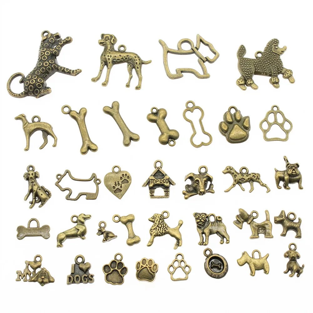 WYSIWYG 40g Antique Bronze Color Zinc Alloy Random Mix Styles Dog Bone Paw Charms DIY Handmade Craft For Jewelry Making