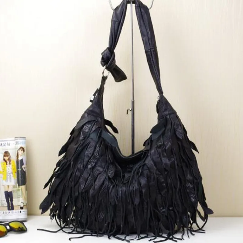 Black Genuine leather bag tassel single shoulder messenger bag large capacity beach bag ladies wholesale female bag