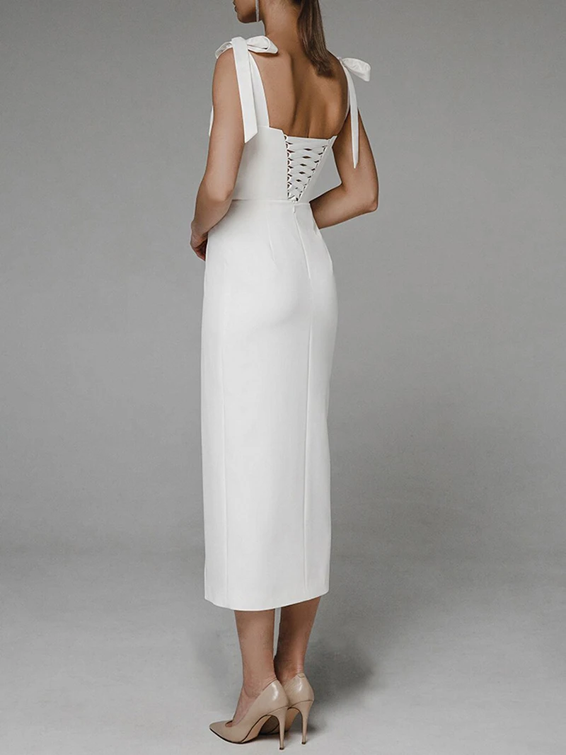 Women Sweetheart Backless Slit Evening Dress Elegant Bow Bandage Straight Pencil Party Dress Fashion Fomal Vestido De Noite