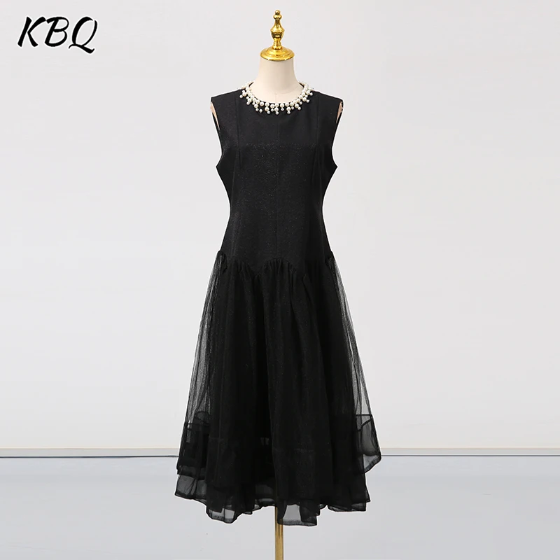 

KBQ Solid Spliced Pearl Mesh Chic Evening Dresses for Women Round Neck Sleeveless High Waist Elegant Dress Female Fashion New