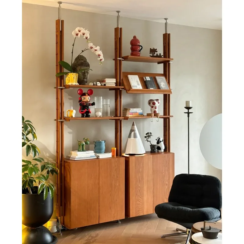 retro solid wood shelves, indomitable background wall bookshelves, multi-layer medieval display shelves, storage porch
