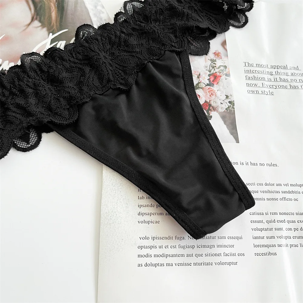 New Women\'s Underwear Black Sexy Low Waist Elastic Thong Breathable Lace Cotton Crotch Briefs Pants