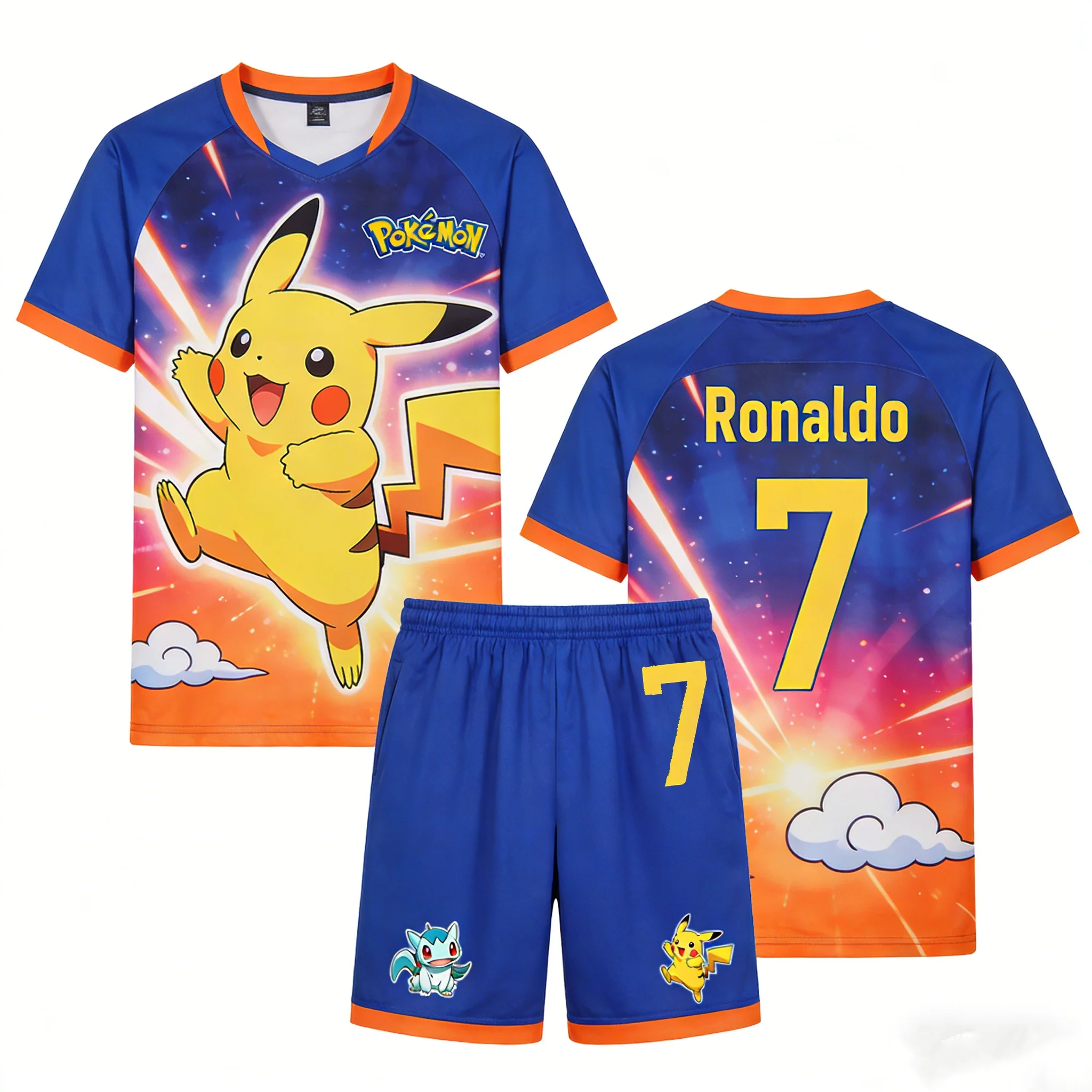 

Свитшоты с изображением покемонов, аниме-свитшоты, футболка с Роналду №. 7 комплектов для футбола на открытом воздухе: быстросохнущие мужские футболки и шорты, детские комплекты.