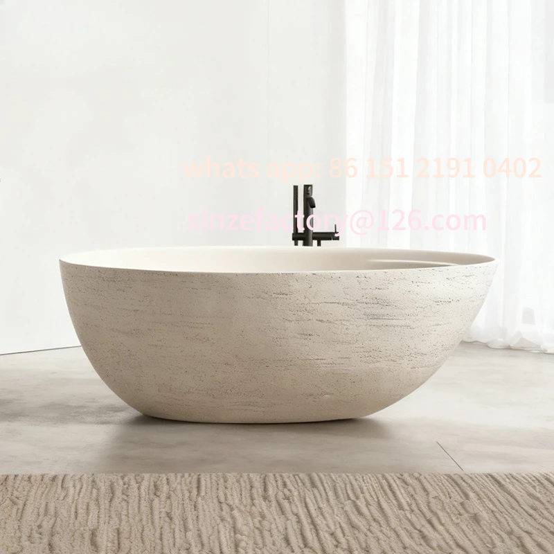 

Customizable natural travertine oval freestanding bathtub, modern simple hotel villa bathroom high-end bathroom bathtub