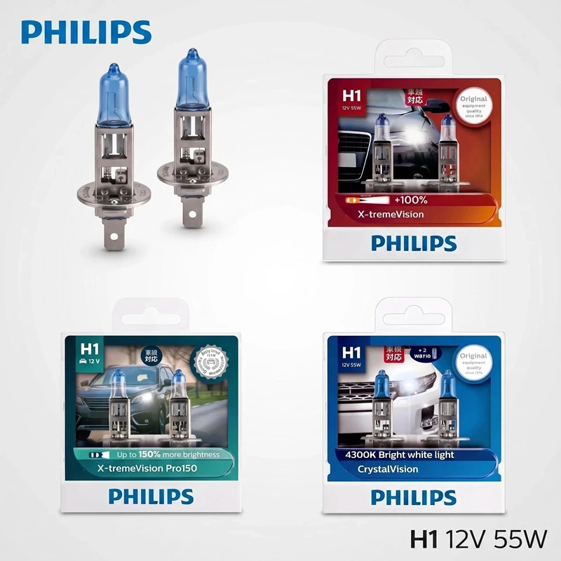Image of Philips H1 Auto-Halogen-Scheinwerfer, 12 V, 55 W, Pk22s, Autolampen, hellere Original-Originallampen