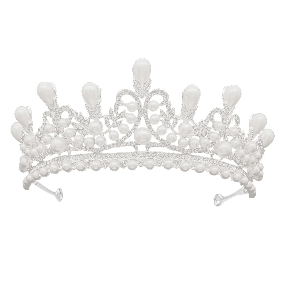 Diamond Pearl Crown Bruid Mooie hoofdtooi Hoofddeksels Geïmiteerde parel Super glanzende kroontiara (zilver)