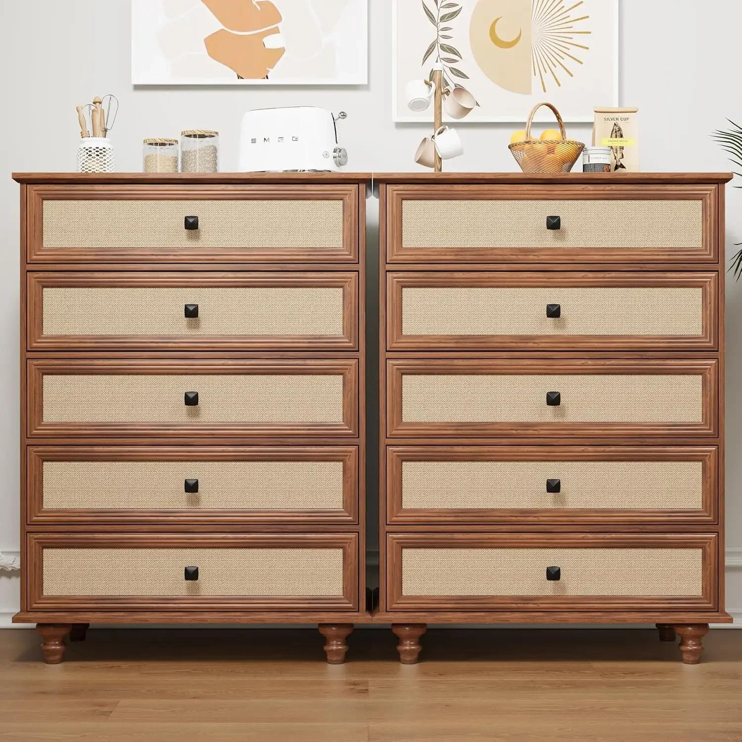 

10 Drawer Dresser for Bedroom, Mid Century Modern Wide Wood Rustic Chest of Drawers Wooden Storage Organizer Dressers