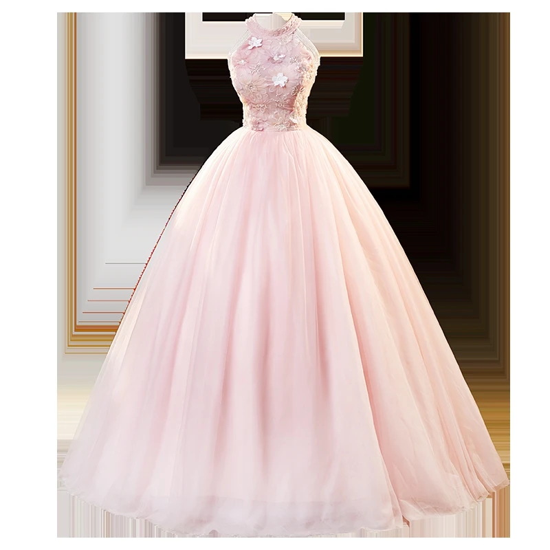 Süße rosa Quince anera Kleider elegante Halfter zarte Perlen geschwollene Ballkleid einfache Tüll Applikation Vestido de Debütantin