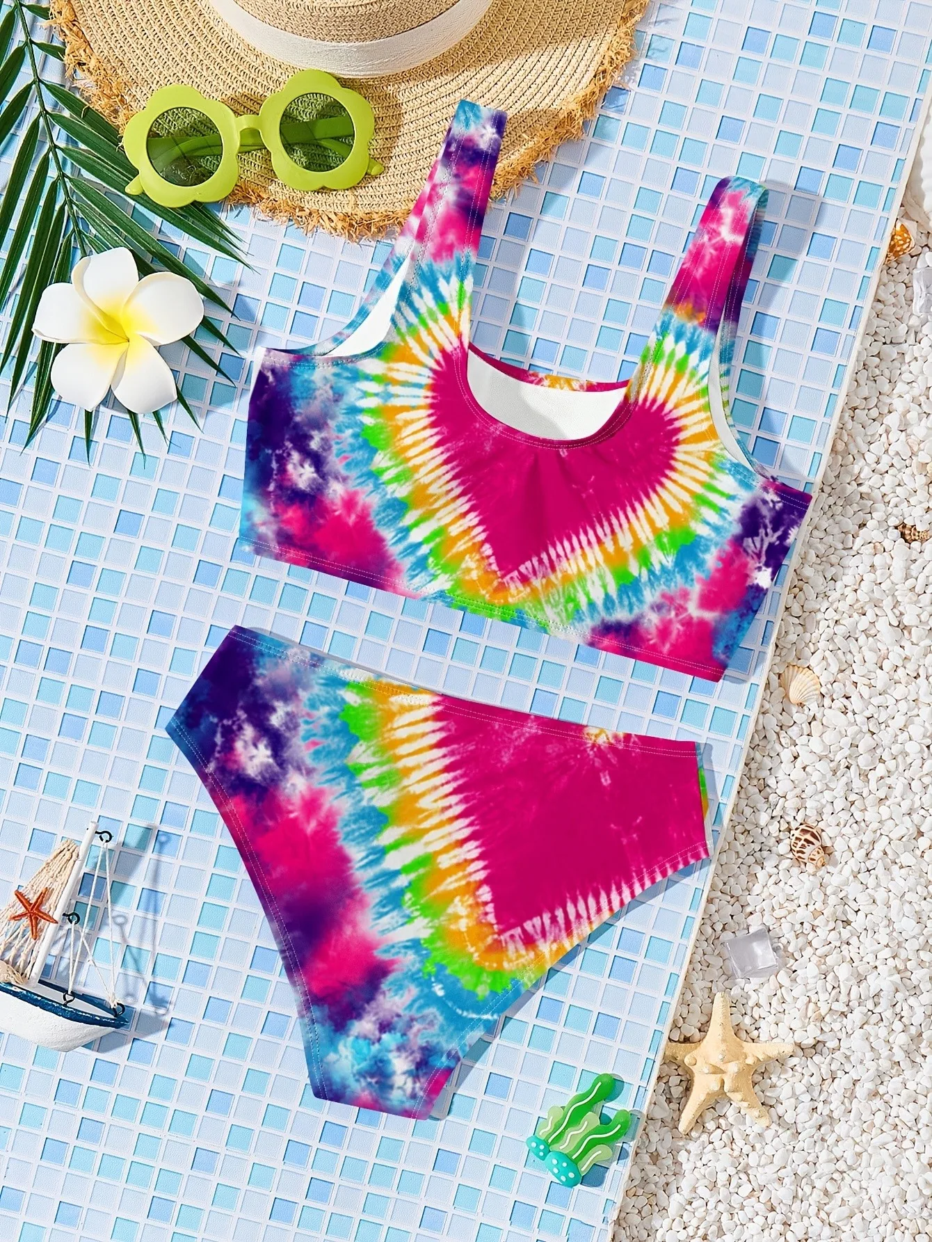 Kids Girls 2-Piece Bikini Swimsuit, Rainbow Tie Dye Heart Print Square Neck Two Piece Bathing Suit