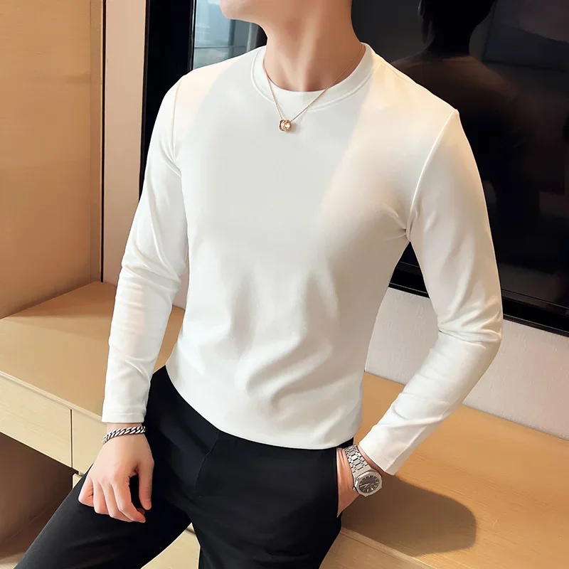 

Men's Double-sided German Velvet Long Sleeved Round Neck Bottoming Shirt Korean Version Slim Handsome Pullover with White Inside