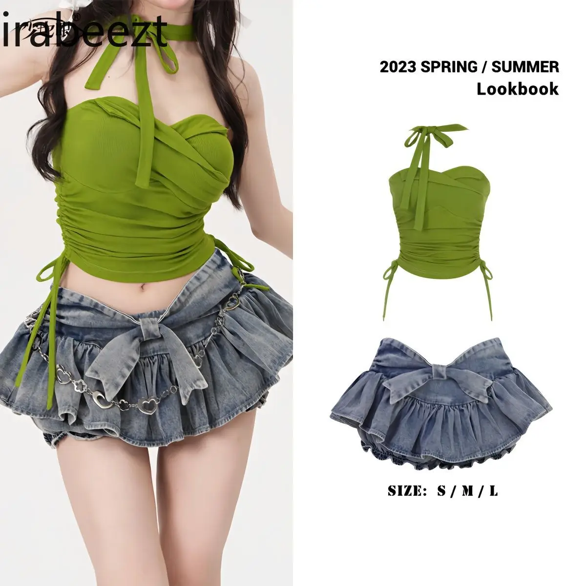 

Bowknot Denim Cake Shaped Skirt Showing Waist Sweet and Spicy Suspenders Short Top Women's 2 Pieces of Suit Conjunto Feminino