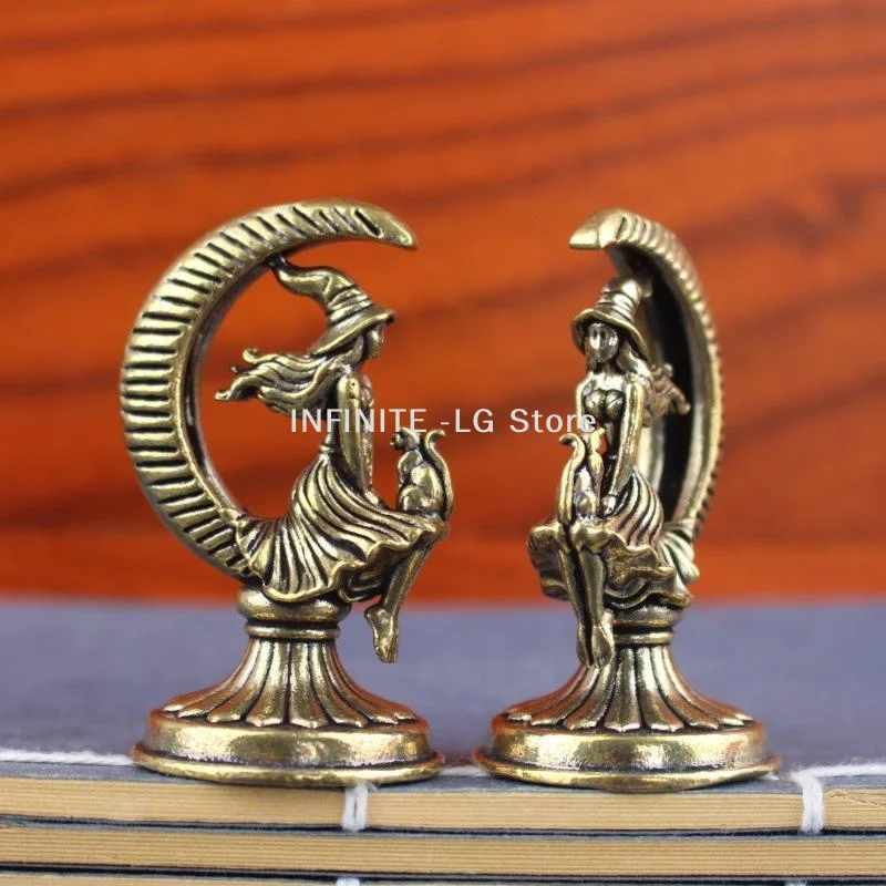 Brass Crescent Moon Witch Cat Statue Retro Gothic Mini Figurine Decor Ornament For Desktop Bedroom MysticalINFINITE -LG