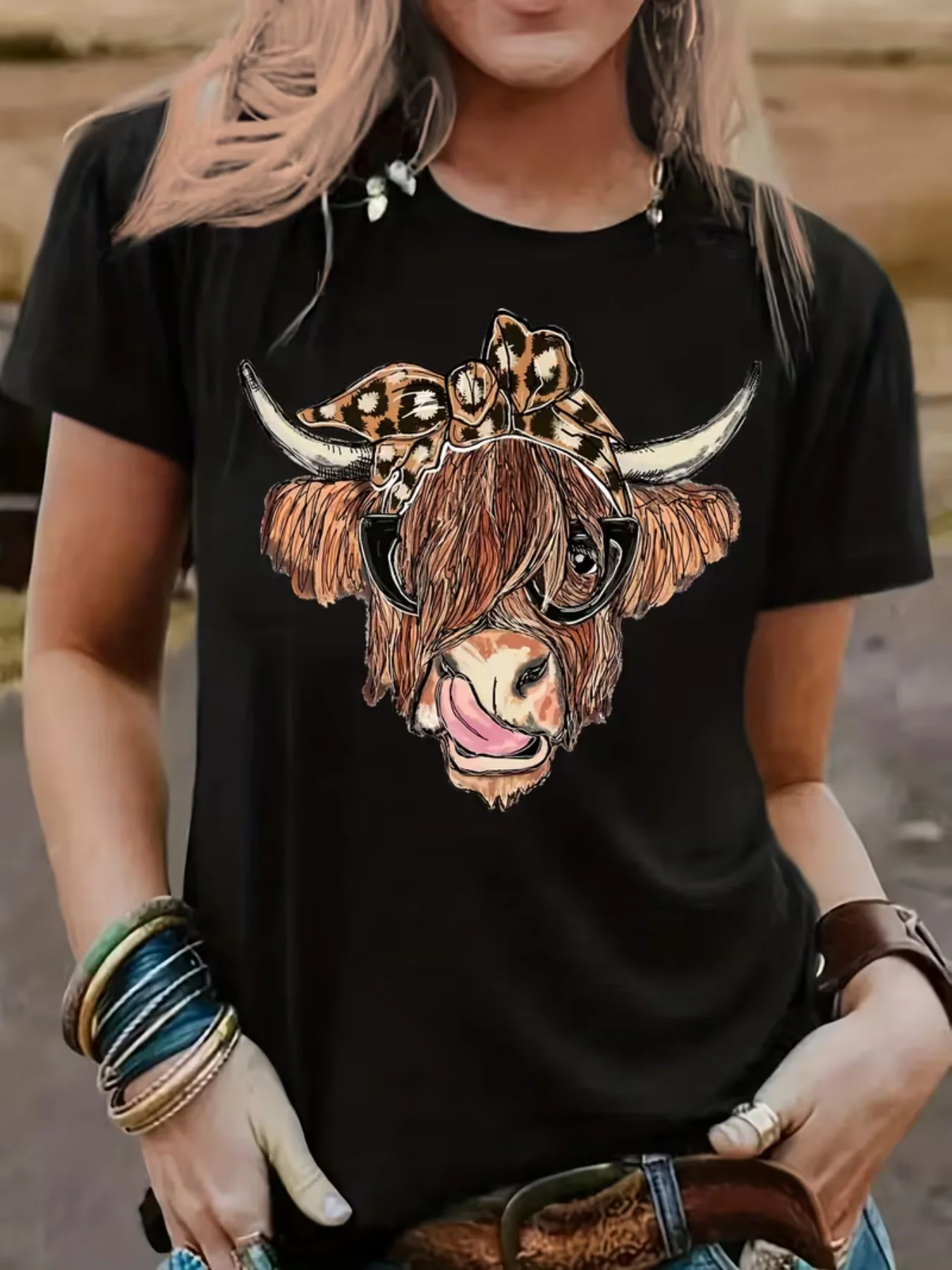 Western Highland Cow With Leopard Bow Shades Tongue Out Print T Shirt Women Retro Country Cowgirl Polyester Short Sleeve Graphic Top