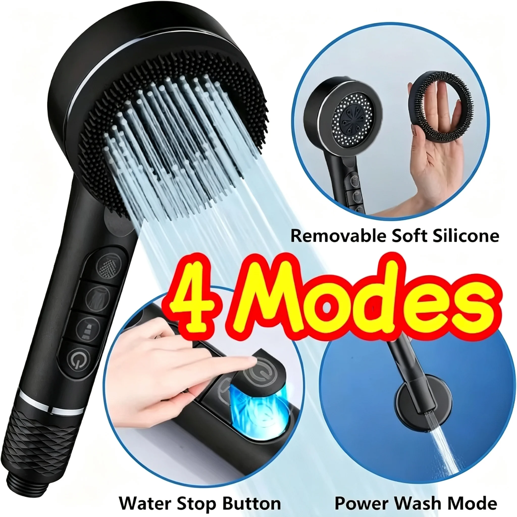4 Modes Self-cleaning Shower Head with Silicone Brush One-Key Stop Water Massage High Pressure ABS Showerhead with Filter